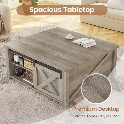 SEDETA 31.5" Lift Top Coffee Table with Storage, Square Coffee Tables for Living Room, Farmhouse Coffee Table with Large Hidden Storage Compartment and Adjustable Shelves, Grey - Image 5
