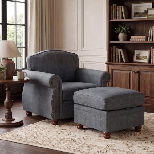Traditional Oversized Accent Reading Chair Set of 2, 41.3", Chenille, Gray - Image 7