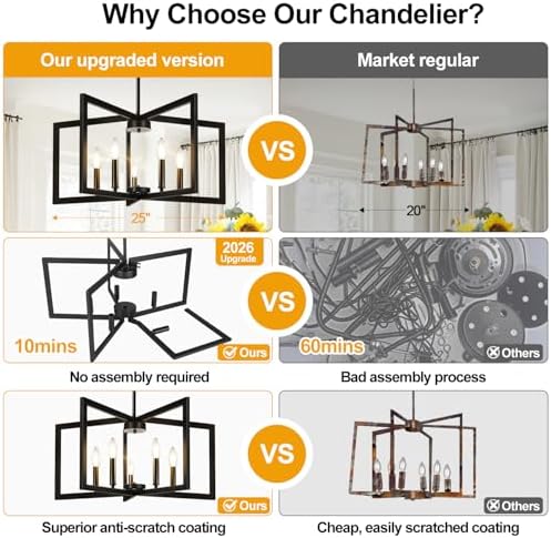25"-61" Height Adjustable Modern Matte Black Chandelier for Dining Room, No Assembly Required Black Dining Room Light Fixture Over Table, Industrial Metal Pendant Lights Fixture for Kitchen Island - Image 2