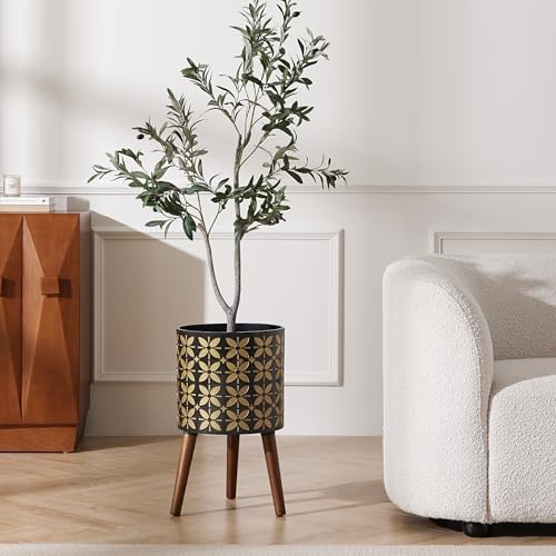 12 Inch Planter Pot with Stand, Planter for Indoor Plants, Drainage Holes and Rubber Plug, Modern Mid-Century Flower Planter Pot for Home Garden Patio, Black and Gold - Image 6