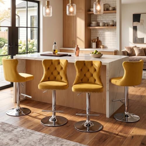 SoarFlash Velvet Bar Stool Set of 4, Adjustable Swivel Bar Stools with Silver Plated Metal Leg, Button Tufted, Footrest, Chrome Nailhead, Counter Height Chair for Kitchen, Bar, Dining Room (Gold) by SoarFlash