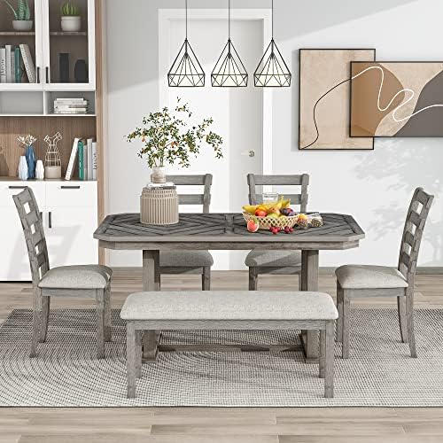 Solid Wood 6-Piece Dining Room Table Set with Beautiful Wood Grain Pattern Tabletop, Rustic Style Kitchen Dining Table Set with 4 Padded Ergonomic Chairs & a Bench (Gray-Grain) - Image 2
