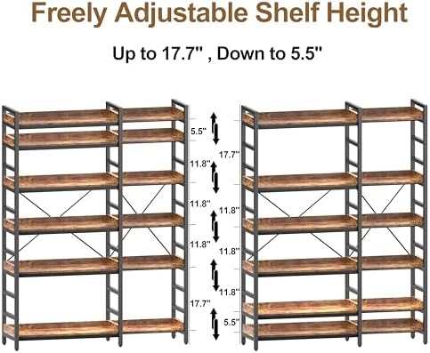 HCHQHS Adjustable Book Shelf with 8 Hooks, Reversible Corner Bookshelf, Industrial Wooden and Metal Bookcase for Living Room, Bedroom, Home Office (Rustic Brown, 6 Tier) - Image 5