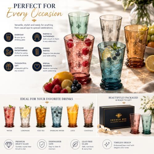 French Bee Highball Glasses | Set Of 6 | Colored Drinking Glass 13 OZ, Old Fashioned Glasses with Bees Embossed Design, Fine Crystal French Glassware, Drinking Glasses, Heavy Water & Juice Glasses - Image 2