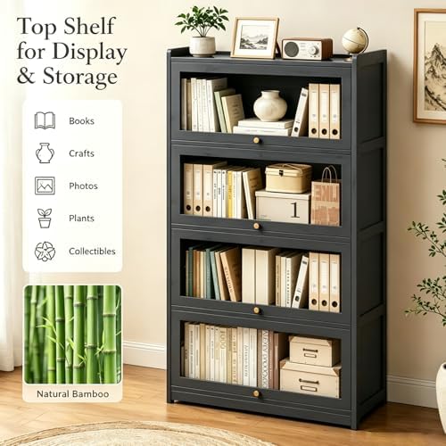 55" Bamboo Bookcases,Book Shelfs with Acrylic Doors,Freestanding Display Storage Shelves for Collectibles,4 Tier Tall Bookshelfs & Bookcases for Living Room Bedroom Home Office - Image 5