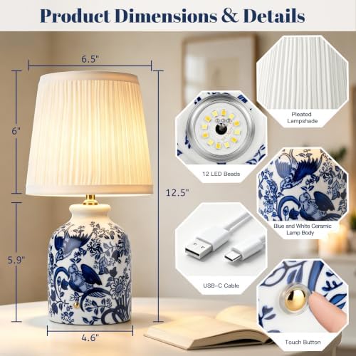 ShineTech Rechargeable Cordless Small Ceramic Table Lamps Set of 2, Blue - Image 4