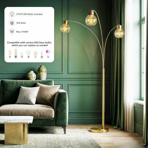 QiMH 3 Lights Floor Lamps for Living Room, 72" Tall Lamp with Amber Glass Shade, Large Tree Floor Lamp with Foot Switch, Modern Arch Floor Lamp for Bedroom Office, Brushed-Gold, 2700K Bulbs Included - Image 3