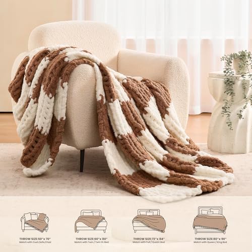 L'AGRATY Chunky Knit Throw Blanket for Couch 50 x 60 Inches Brown Checkered - Image 6