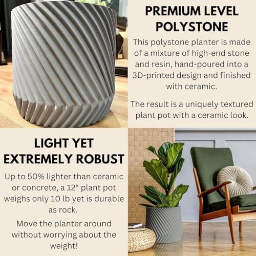 Fox & Fern Large Planter for Indoor or Outdoor, Gray Matte, 12 Inch - Image 3