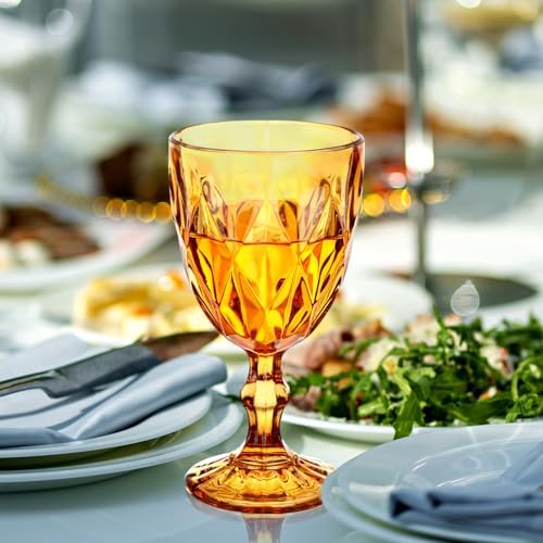 Yinder Glass Goblet Vintage Wine Goblet Embossed Glassware 10 oz Solid Color Glass Stemmed Cups for Iced Tea Beverage Soda Juice Water Liquor and Party Wedding Bars Restaurants(Amber,6 Pack) - Image 4