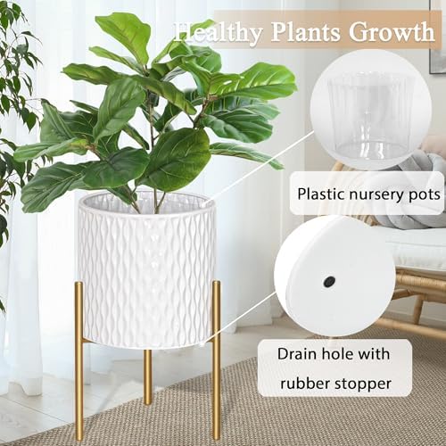 ARNIS Plants Pots with Stand, Set of 2 Planters, Unique Mid Century Decorative Metal Flower Pots with Drainage, 10.5 & 12.25 Inch, White and Gold - Image 4