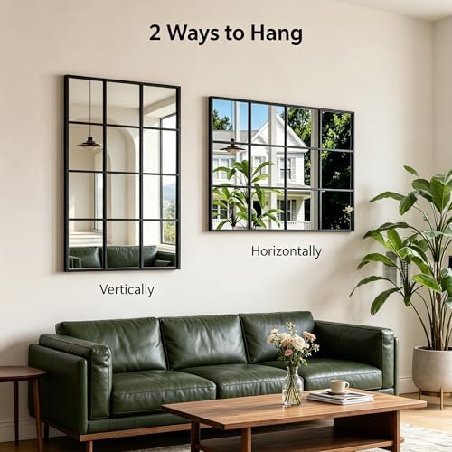 Dewfig Rectangle Wall Mirror, 47"x30" Metal Frame Windowpane Mirror, Black - Image 3