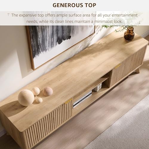 OKD 70" Mid Century Modern Fluted TV Stand w/ 2 Soft Close Door,Natural Oak - Image 2