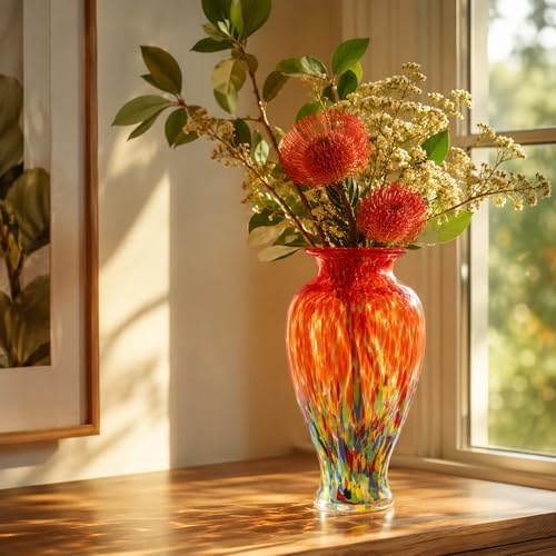 11.8" Tall Glass Vase Beautiful Hand Blown Glass Vase Modern Art Home Decor, Wide Mouth Colorful Vases for Mantle Dining Table Centerpiece, Entryway Living Room Wedding Decoration (Flame Red) - Image 4