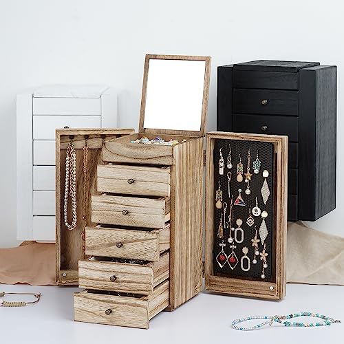 Meangood Jewelry Box Wood for Women, 6-Layer Large Organizer Box with Mirror & 5 Drawers for Rings, Earrings, Necklaces, Vintage Style, Torched Wood - Image 5