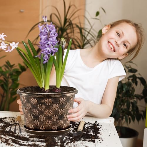 8 Inch Planter Pots for Plants, Plastic Flower Pots Indoor Outdoor, 5 Pack Resin Plant Pot with Drainage & Saucer, Retro Decorative Garden Pot with Removable Trays for House - Image 2