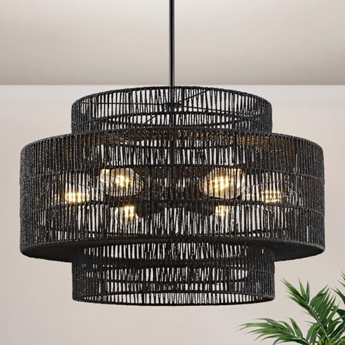 24" Black Rattan Chandelier for Dining Room, Boho Pendant Light by InterMaka