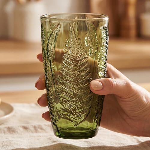 Green Drinking Glasses Set of 8, 16 oz Glass Cups, Vintage Fern Glassware - Image 3