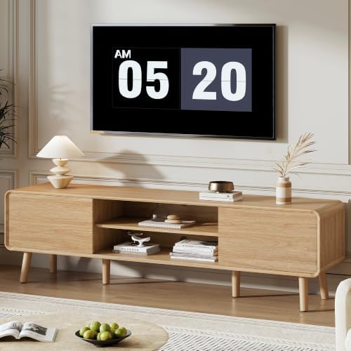 Nasonet 70" Mid Century Modern TV Stand for Tvs up to 80", Entertainment Center with Storage, Sideboard Media Console for Living Room with 2 Sliding Door/Adjustable Shelves, Oak by Nasonet