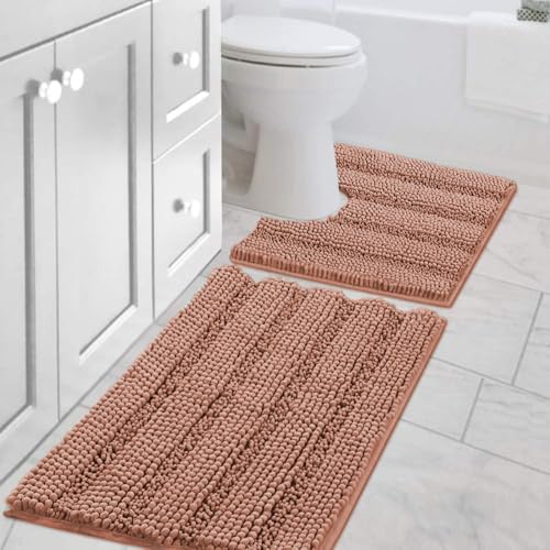 H.VERSAILTEX Bathroom Rugs Bath Rug Set 2 Piece Bathroom Contour Rug Toilet Mat Non Slip Contour Bath Rug Ultra Thick Water Absorbent Striped Bath Mats Washable(20" x 32" Plus 20" x 20" U, Muted Clay) by HVERSAILTEX