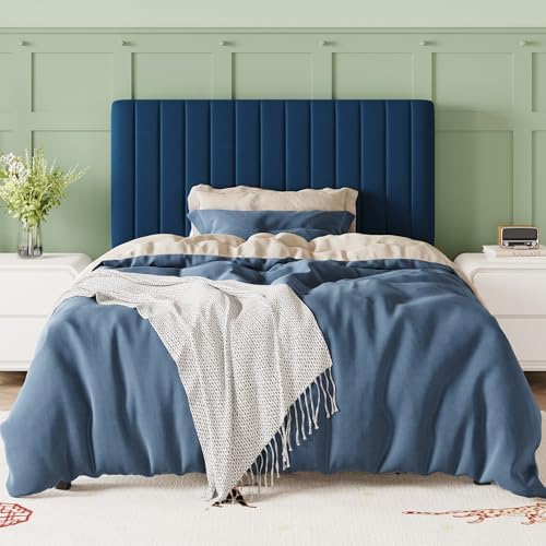 Allewie Twin Bed Frame, Velvet Upholstered Platform Bed with Adjustable Vertical Channel Tufted Headboard, Mattress Foundation with Strong Wooden Slats, Box Spring Optional, Easy Assembly, Navy Blue - Image 3