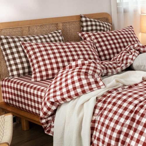 BESTOUCH Gingham Cotton Duvet Cover Set Fired Brick Red Full - Image 2