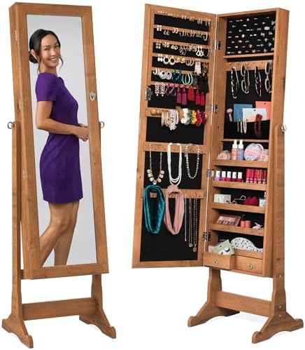 Best Choice Products Freestanding Jewelry Armoire Cabinet, Full Length Standing Mirror, Lockable Makeup Storage Organizer, w/Velvet Lining, 3 Angles, Lock, Accessory Pouch, 5 Shelves - Rustic Brown by BestChoiceProducts