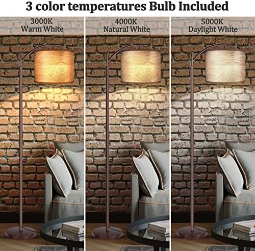 Floor Lamp for Living Room, LED Standing Lamp Tall Industrial Floor Lamp Reading for Bedroom, Office (9W LED Bulb, Wood Grain Lampshade Included) - Oil-Rubbed Bronze - Image 2