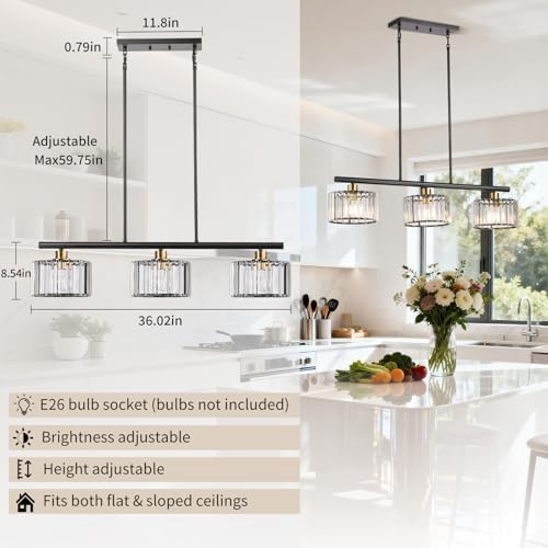 TALOYA Pendant Lights Kitchen Island Black and Gold, 3-Light Crystal Pendant Light Modern, Height Adjustable Chandelier Hanging Island Light Fixtures for Kitchen Dinning Room(Bulb Not Included) - Image 4