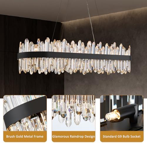 Black Oval Crystal Chandelier L45.3 inch, 24-Lights Chandeliers Modern Crystal Chandelier Pendant Light Fixture G9 Lights Pendant Ceiling Light for Dining Living Room Kitchen Island - Image 5