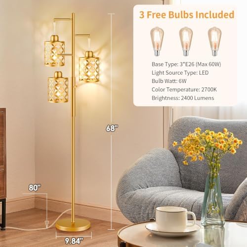 68" Modern Tree Floor Lamp, Dimmable Industrial Tall Standing Lamp with Metal Cages & Rotary Dimmer Knob, Corner Decor Lighting for Living Room Bedroom Cafe, 3 x 800LM Bulbs Included - Gold - Image 6