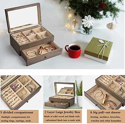 Meangood Jewelry Box Organizer for Women, 2 Layer Large Jewelry Storage Case, Rustic Wooden Jewelry Box with Mirror & Ring Tray for Necklace Earring Bracelets Rings, Vintage Style (Weathered Grey) - Image 2