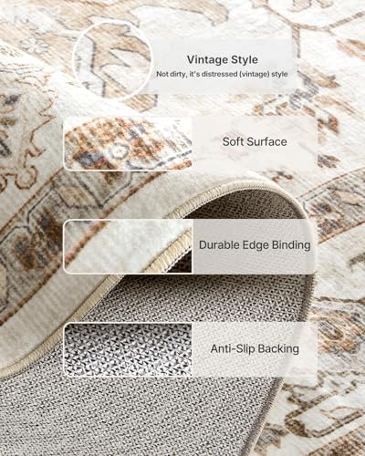 Amada 4x6 Washable Area Rug for Bedroom, Beige, Vintage Pattern - Image 6