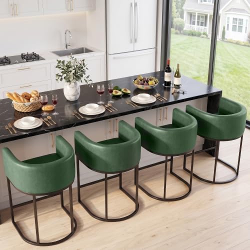 Counter Height Bar Stools Set of 4, Modern Counter Stools for Dining Room, 24 Inch Barstools for Kitchen Island, Faux Leather Bar Stool with Metal Legs and Back Footrest, Green by KRAMZMINGQualityHome