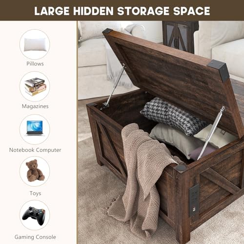 jimeimen Farmhouse Lift Top Coffee Table with Storage, Wood Square Center Table with Charging Station&USB Port, Living Room Table w/Large Hidden Space, for Living Room, Bedroom, Home Office, Brown - Image 3