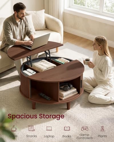 VASAGLE Round Coffee Table, Lift Top Coffee Table with Tambour Sliding Door - Image 5