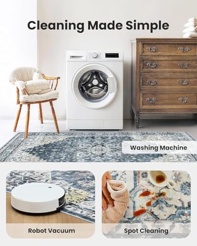 Amada Round 4x4 Washable Area Rug for Living Room, Blue, Vintage Style - Image 4