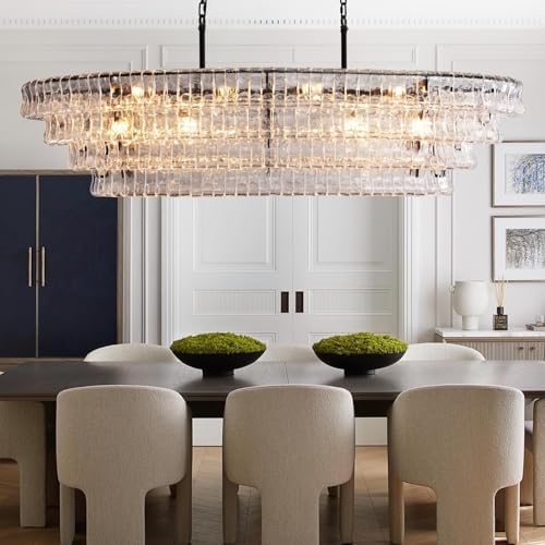 Large 65 Inch Black Rectangular Chandelier for Dining Room Modern, Clear Glass Drum Pendant Light, Extra Long Kitchen Island Lighting - Image 6