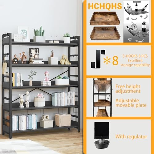 HCHQHS 5 Tier Bookshelf, Adjustable Industrial Bookcase, Vertical Tall Book Shelf, Wood and Black Metal Open Bookshelves for Home Office, Living Room, Bedroom - Image 5