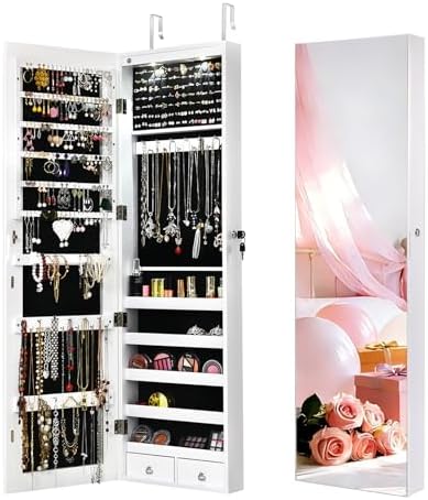NAFORT 2 LEDs Mirror Jewelry Armoire, 47.5" H Door or Wall Mounted Jewelry Cabinet with Frameless Mirror, Lockable Jewelry Storage Box, Hanging Jewelry Organizer with 2 Drawers, White by NAFORT