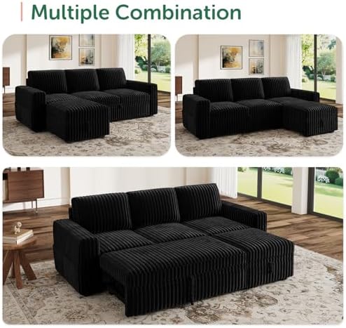 HONBAY Modular Sectional Sofa with Pull Out Bed,Corduroy L Shaped Sleeper Sofa with Storage, Sectional Couches for Living Room,Black - Image 6