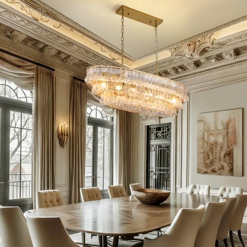 39in Large Chandelier Gold, Modern Dining Room Light Fixtures, 3 Layer Luxury Glass Chandelier 6 Light Rectangular Chandeliers for Dining Room Kitchen Island Living Room (Clear Glass) - Image 6
