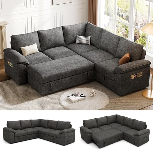 85'' Modular Sectional Sofa with Pull Out Bed, Sleeper Sofa, Dark Gray by Unknown