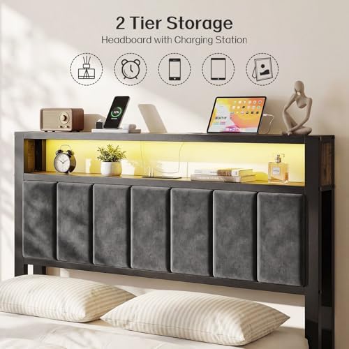 OLEVS Full Size Bed Frame with Headboard, LED Light & Charging Station - Image 3
