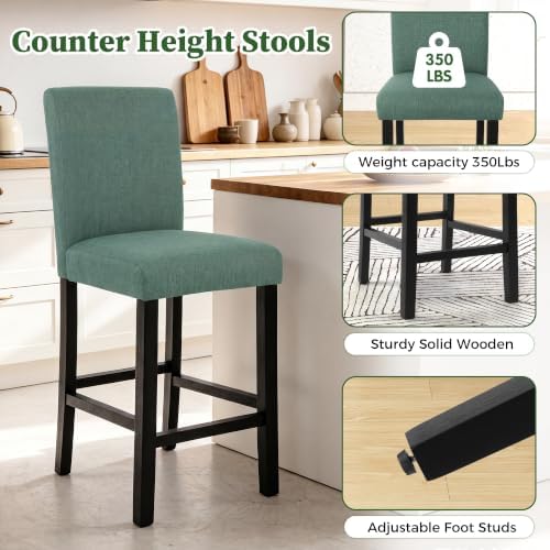 LSSPAID Counter Height Bar Stools Set of 2, 25 Inch Upholstered Fabric Barstools, Modern Kitchen Island Chairs with Backrest and Solid Wood Legs, Green - Image 3
