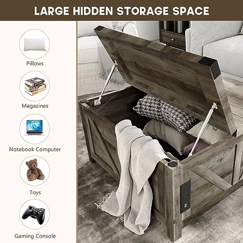 jimeimen Farmhouse Lift Top Coffee Table with Storage, Wood Square Center Table with Charging Station&USB Port, Living Room Table w/Large Hidden Space, for Living Room, Bedroom, Home Office, Grey - Image 3