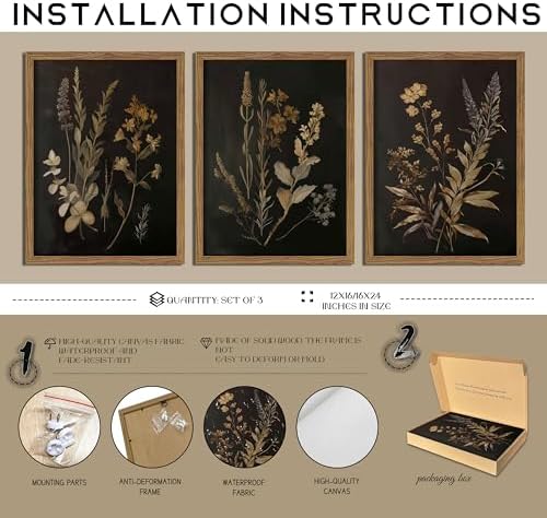 Framed Dark Botanical Wall Art Set of 3, Black Moody Floral Wall Decor Paintings, Dark Academia Decor, Vintage Flower Artwork Prints Pictures for Living Room Bedroom Bathroom 16x24 Inch - Image 4