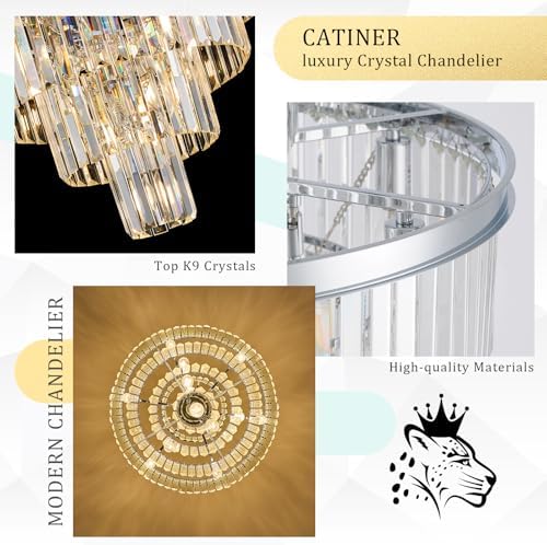 CATINER 24" Modern Crystal Chandeliers,15-Light Chrome Round Light Fixture - Image 4