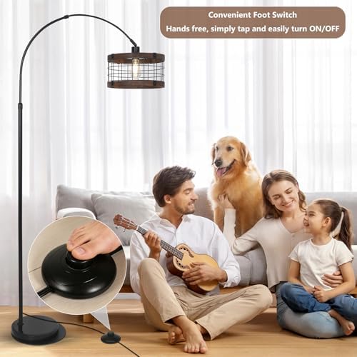 Arc Floor Lamps for Living Room with Remote and Dimmable LED Bulb, Vintage Wood Floor Lamp for Bedroom, Farmhouse Standing Lamp for Corner, Industrial Black Tall Lamp, Over Couch Arched Reading Light - Image 6