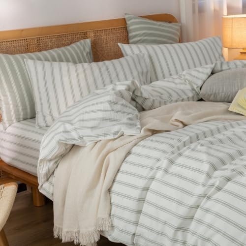BESTOUCH Striped Cotton Duvet Cover Set Linen Feel Oversized Queen - Image 2